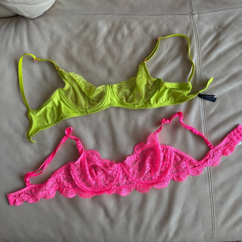 2 Neon Bras Green Blackheart 34C and Pink Small